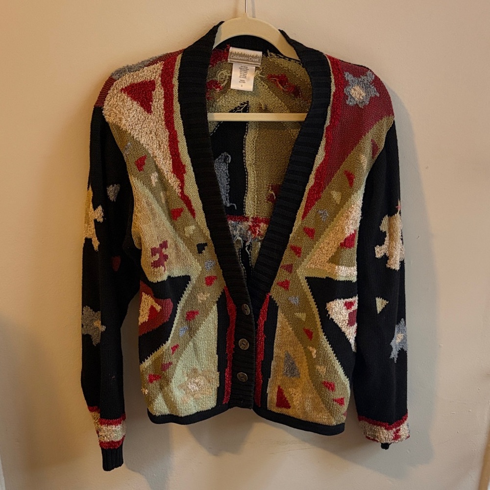 Vintage-Inspired Black Multicolor Patterned Cardigan Size Small Coldwater Creek